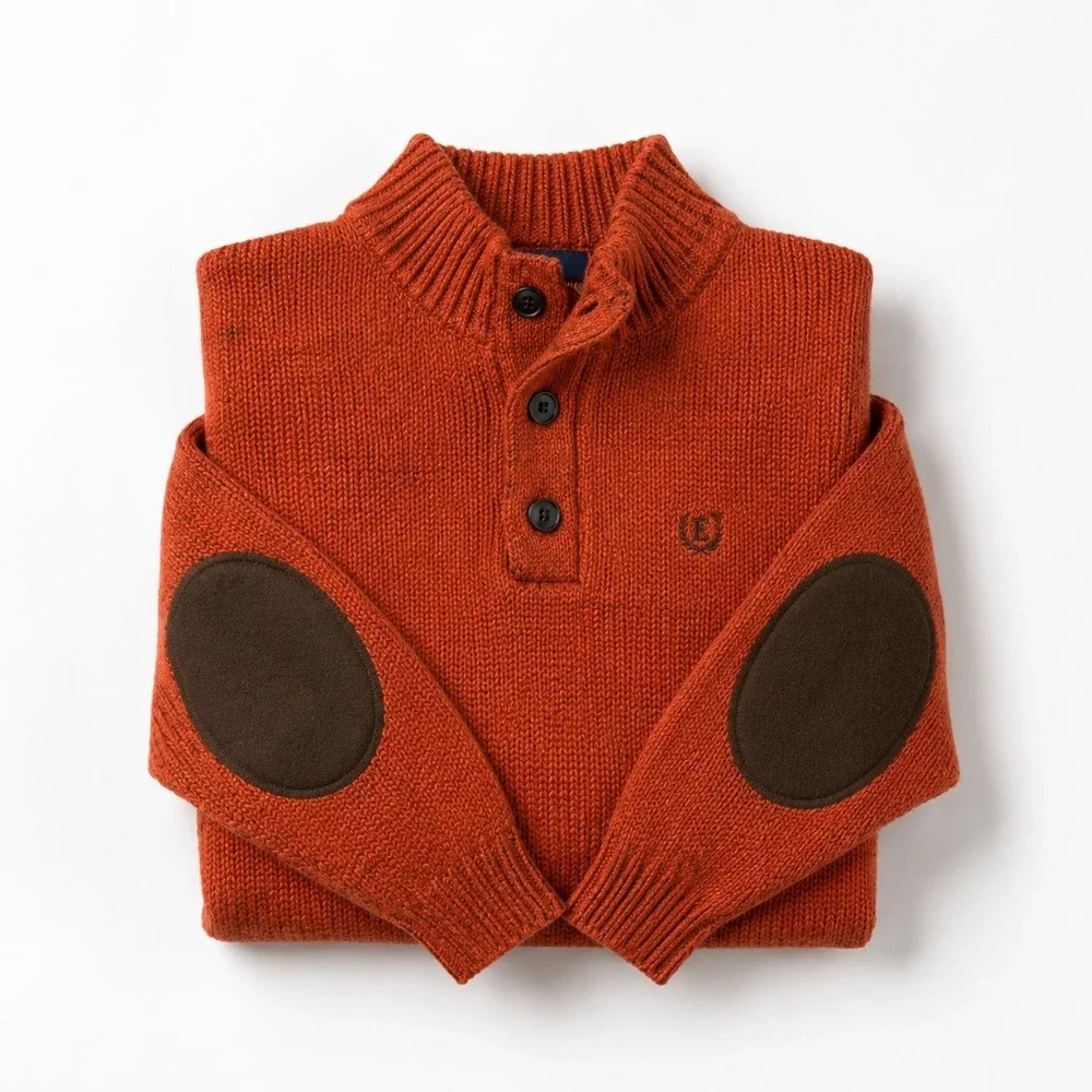 Chaps Elbow Patch Mock Neck Sweater Mens M‎ Orange Rust Henley Preppy Outdoors